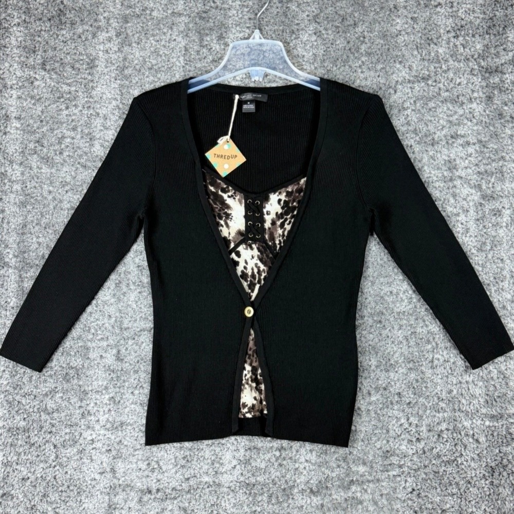 NEW August Silk Women's M Black Ribbed Cardigan Leopard Print Lace Up 2-in-1 Top - Picture 3 of 15